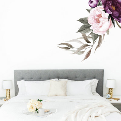  - Rich Plum Peonies Corner Floral Wall Sticker (Right Hand Side)Removable Peel & Stick Vinyl Decal