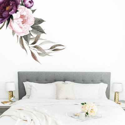  - Rich Plum Peonies Corner Floral Wall Sticker (Left Hand Side)- Removable Peel & Stick Vinyl Decal
