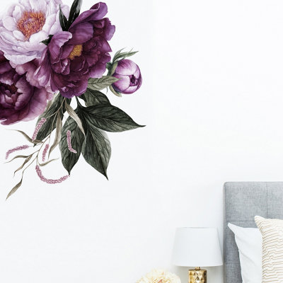  - Rich Plum Peonies Corner Wall Sticker (Left Hand Side)Removable Peel & Stick Vinyl Decal