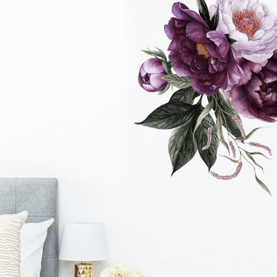  - Rich Plum Peonies Corner Wall Sticker (Right Hand Side)Removable Peel & Stick Vinyl Decal