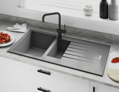 Clearwater Composite Granite Quarsil Tivoli 1.5 Bowl & Drainer Croma Inset Kitchen SinkTivd150Cr from B&Q