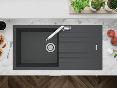 Clearwater Composite Granite Quarsil Tivoli Large Bowl & Drainer Basalt Inset Kitchen SinkTivd100Lba from B&Q