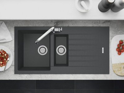 Clearwater Composite Granite Quarsil Tivoli 1.5 Bowl & Drainer Basalt Inset Kitchen SinkTivd150Ba from B&Q