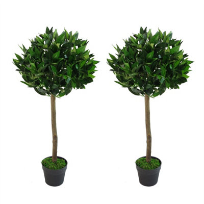 Leaf Pair Of (3Ft) Plain Stem Artificial Topiary Bay Laurel Ball Trees 90Cm