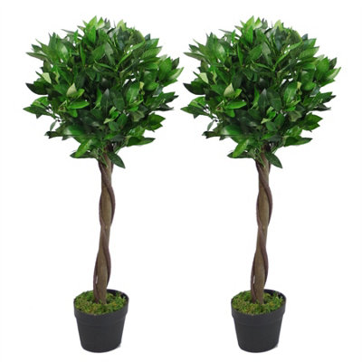 Leaf Pair Of (3Ft) Twisted Stem Artificial Topiary Bay Laurel Ball Trees 90Cm
