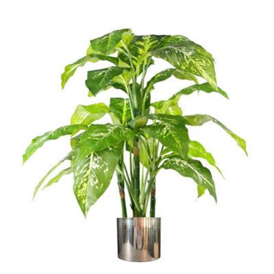 Leaf Artificial Fox Aglaonema Plant 100cm - Green - Silver Metal Planter - Image 9