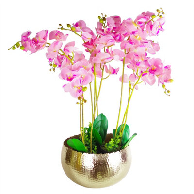 Leaf Artificial Orchid Plant In Metal Golden Bowl Planter 3 Pack - Image 6