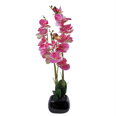 B&Q -  70Cm Artificial Orchid Light Pink With Black Ceramic Planter
