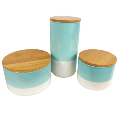 Leaf Green Ceramic Storage Jars Kitchen Canisters Lids Aqua Set 3 20Cm