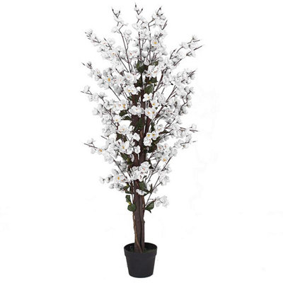 Leaf 120cm Artificial White Blossom Tree, Tall Slim Tree with Brown Trunk, in Black Plastic Pot - Image 10
