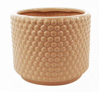 B&Q -  Dusty Pink Peach Raised Dots Ceramic Plant Pot 15 X 15 X 12.5Cm
