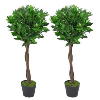Leaf Green Design Uk Pair Of Artificial Bay Topiary Ball Trees, Twist 90Cm