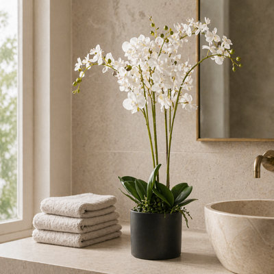 Leaf Artificial Orchid Flower In Pot 60Cm White