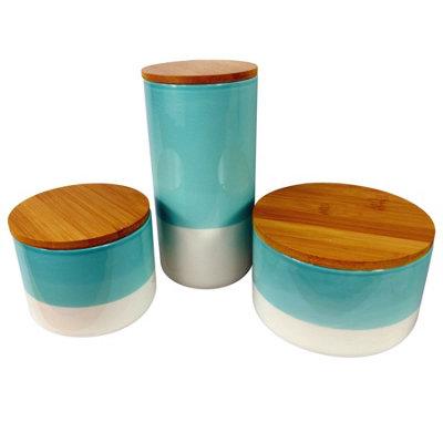 Leaf Set Of Three Canisters Aqua Green Ceramic Storage Jars With Lids from B&Q
