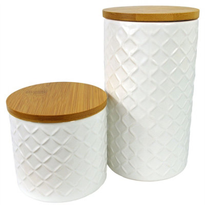 Storage Jars Ceramic Set 2 Embossed Canisters Airtight Lids Cream - Image 6