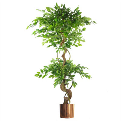 Leaf Twisted Trunk Artificial Japanese Fruticosa Ficus Tree Copper Planter 150Cm