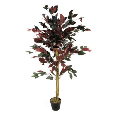 Artificial Ficus Plant - 120cm (4ft) Dark Red Green - Real Wood Trunk - Extra Large - Image 11