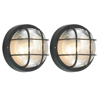 Britalia 2 PackBlack & Ribbed Glass Outdoor Vintage Round Flush Bulkhead Wall Light 180 mm Diameter Ip 44 Rated 1 X Es E 27 from B&Q