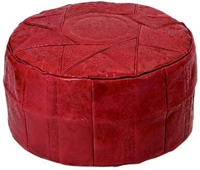  - Just So Home Real Leather Morrocan Style Round Footstool Pouffe Bean Bag (Red)