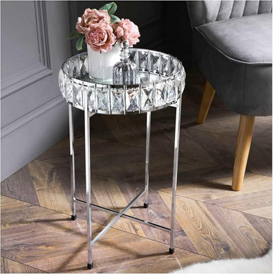 B&Q -  Silver Crystal Mirrored Coffee Tables Round Bedside Table Removable Glass Top Tray Table Chrome Metal
