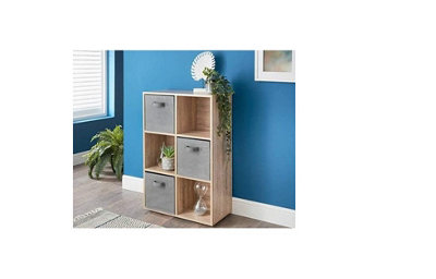 B&Q -  6 Cubes Wooden Storage Shelving Unit Oak With 3 Grey Fabric Woven Drawer Basket Bookcase Living Room Furniture Decor