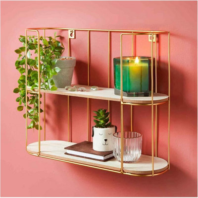Spot On Dealz Unisex Gold 2 Tier Floating Wall Shelf Wooden Display Metal Frame Unit - Image 3