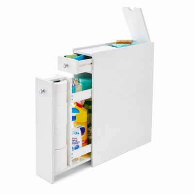 B&Q -  Narrow Bathroom Slimline White Wooden Floor Standing Cabinet With 2 Slide Out Drawers And Small Lid On Top Storage