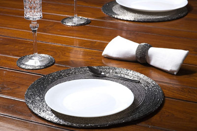 B&Q Penguin Home Glass Beaded, Round Placemat, Coasters And Napkin Rings Silver