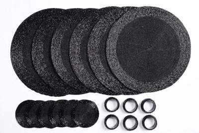 B&Q Penguin Home Glass Beaded, Round Placemat, Coasters And Napkin Rings Black