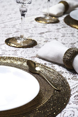 B&Q Penguin Home Glass Beaded, Round Placemat, Coasters And Napkin Rings Gold