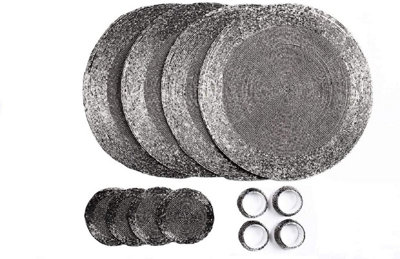 B&Q Penguin Home Glass Beaded, Round Placemat, Coasters And Napkin Rings Silver
