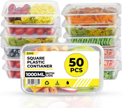 Zuvo Plastic Food Containers (50-Pack), Reusable, Microwave & Freezer Safe, Recyclable, 35Oz 1000Ml