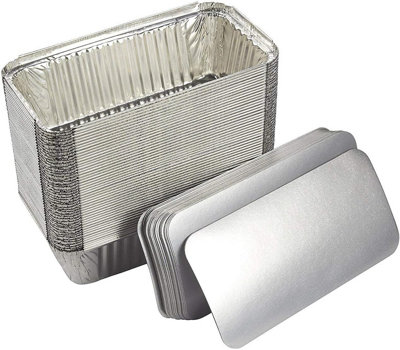 Zuvo Silver 50 Aluminium Disposable Reusable Foil Food Container With Lids, 600 Milliliters, Large
