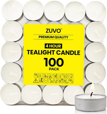 Zuvo Tea Light Candles 100 Pack 4 Hour Burn Unscented Cotton Wicks Clean Burning 3.8 X 1.3 Cm from B&Q