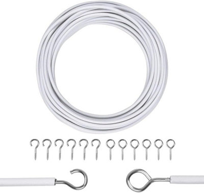 Zuvo White Net Curtain Wire With Hooks And Eyes - 3 Extra Strong Curtain Wire With 4 Hooks And Eyes - Perfect Curtain Wire Kit, 3M