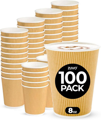 Zuvo Coffee Cups 8 Oz - No Lids - 100 Disposable Ripple Coffee Cups Brown
