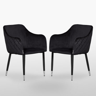 B&Q -  Set Of 2 Black Verona Velvet Dining Chairs With Quilted Back & Black LegsModern Accent Chair With Silver Foot Tips
