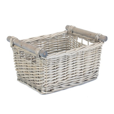 Red Hamper Red/Grey Hamper St046 Wicker Wash Wooden Handled Storage Basket Small