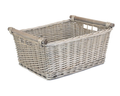 B&Q -  St049 Wicker Extra Large Grey Wash Wooden Handled Storage Basket
