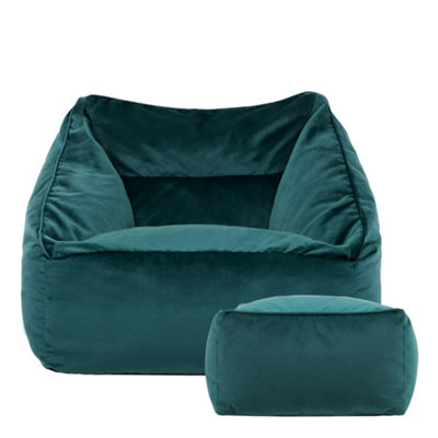 Icon Natalia Velvet Adults Bean Bag Armchair And Pouffe, Ready Filled Beanbag And Footstool Teal Large