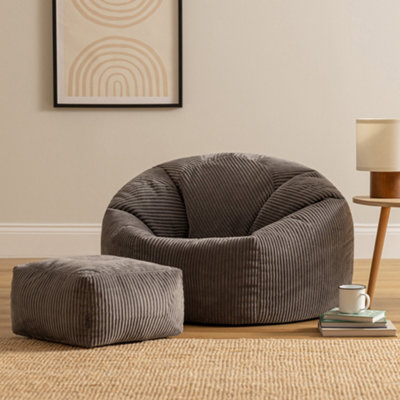 Icon Kingston Cord Adults Bean Bag Chair And Pouffe, Ready Filled Beanbag And Footstool Charcoal Grey