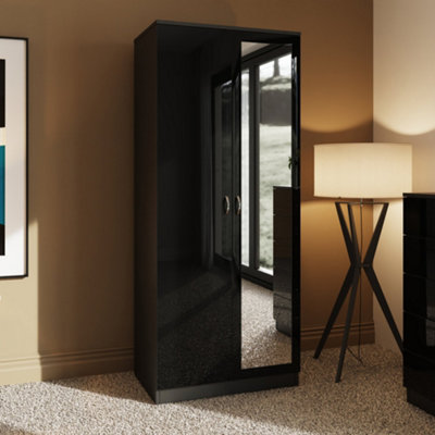 Fwstyle 2 Door Mirrored Wardrobe Gloss Scratch Resistant Bedroom Furniture Black
