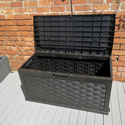 Samuel Alexander 335 Litre Rattan Style Garden Cushion Storage Box With Sit On Lid   Black from B&Q