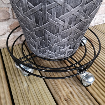 B&Q -  Heavy Duty Round Black Metal Garden Patio Plant Flower Pot Stand Caddy Trolley On Strong Metal Castor Wheels 32Cm