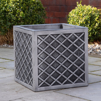 B&Q -  39Cm Large Square Plastic Pewter Effect Grey Garden Patio Planter