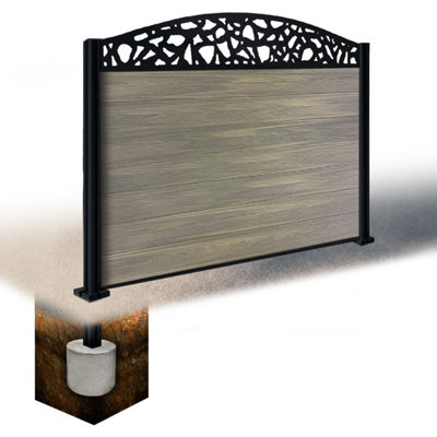 Easycomposite 4Ft Composite Fence Panel & Aluminium Post Sunken In GroundGreige Boards & Pebble Curved Topper Trellis