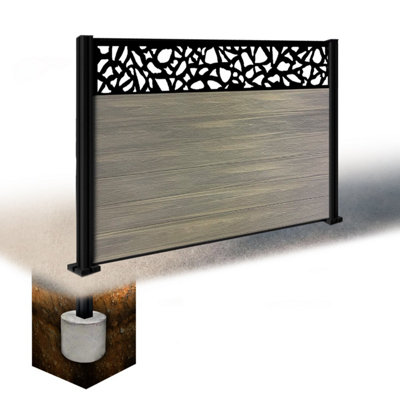 Easycomposite 4Ft Composite Fence Panel & Aluminium Post Sunken In GroundGreige Boards & Pebble Topper Trellis