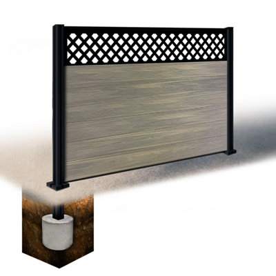 Easycomposite 4Ft Composite Fence Panel & Aluminium Post Sunken In GroundGreige Boards & Wave Topper Trellis
