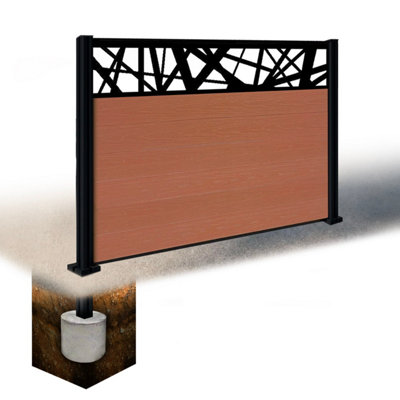 Easycomposite 4Ft Composite Fence Panel & Aluminium Post Sunken In GroundTeak Boards & Laser Topper Trellis