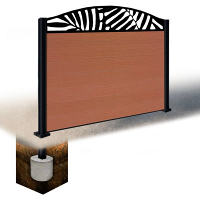 Easycomposite 4Ft Composite Fence Panel & Aluminium Post Sunken In GroundTeak Boards & Leafy Curved Topper Trellis
